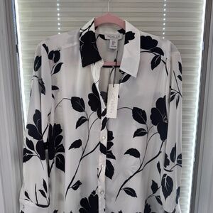 Rachel Zoe Floral Blouse Black White Button Front Shirt Size M NWT Elegant